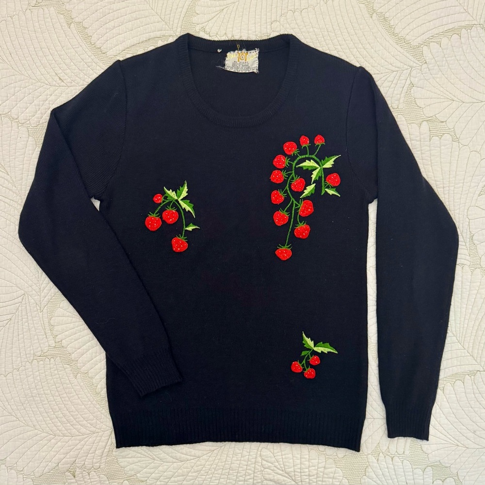 Vintage Black Strawberry Embroidered Crewneck Sweater